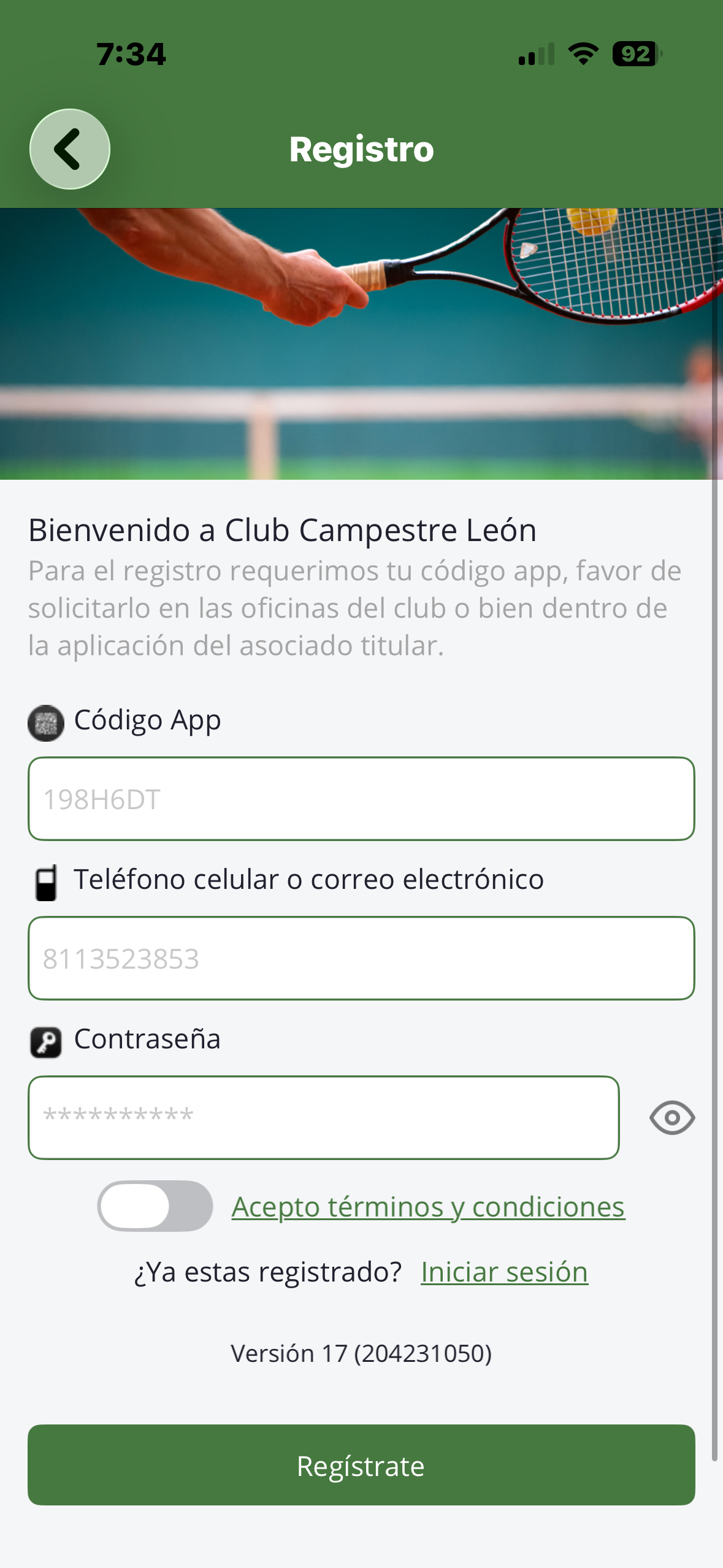 Pantalla de registro de la aplicación