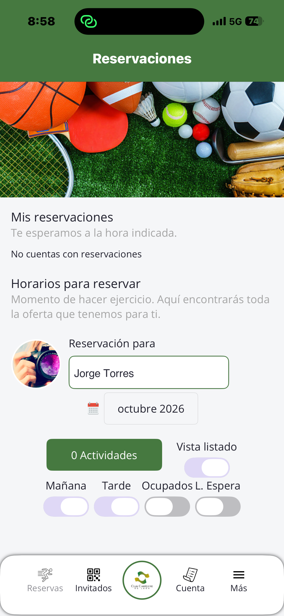 Pantalla principal de la aplicación Club Campestre de León